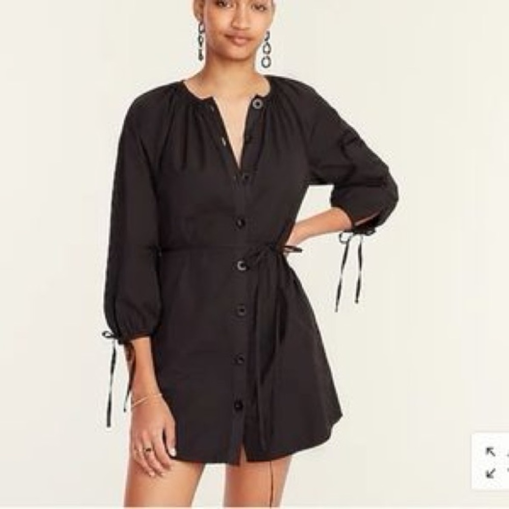 J Crew Black Tie-Sleeve Button-Front Cotton Poplin Shirt Dress BG447 XS NWT